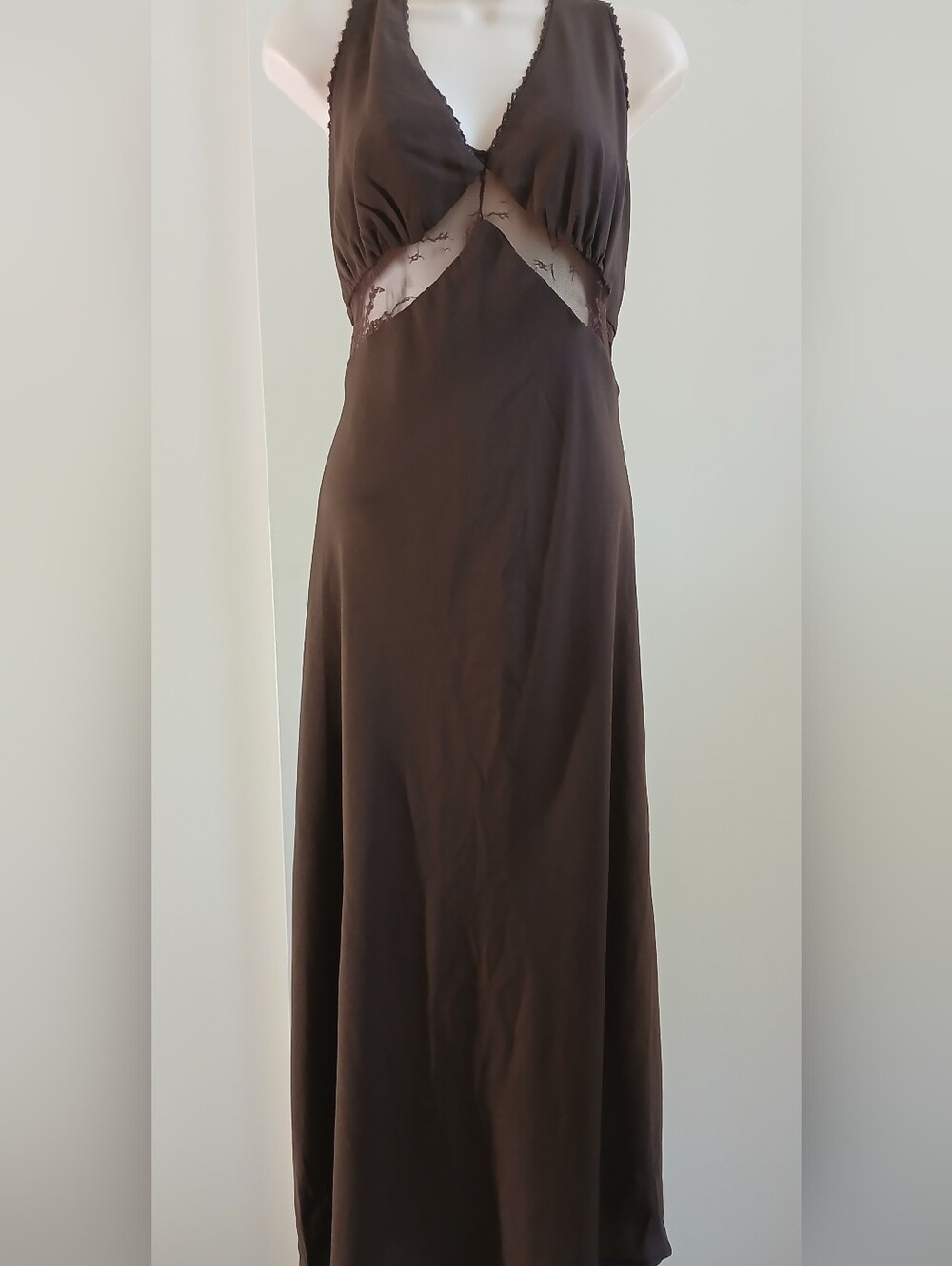 Wild Fable Brown Satin Midi Dress Lace Mesh Cutout Sleeveless V-Neck Size M